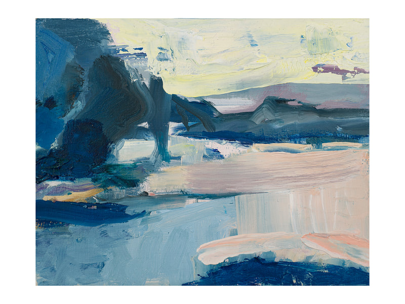 Abstract landscape oil painting inspired by the brackish waters from the Fleet Lagoon at Abbotsbury Swannery in Dorset
