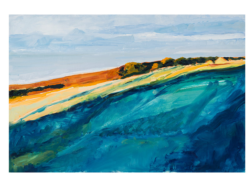 A Landscape painting inspired by early morning deep shadows against intense sunrise above Chesil Beach, Abbotsbury, Dorset