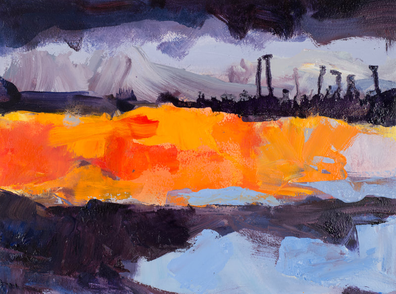 Expressionist oil painting of the dramatic sunrise and sunset in springtime at Abbotsbury viewed from The Dorset Ridge