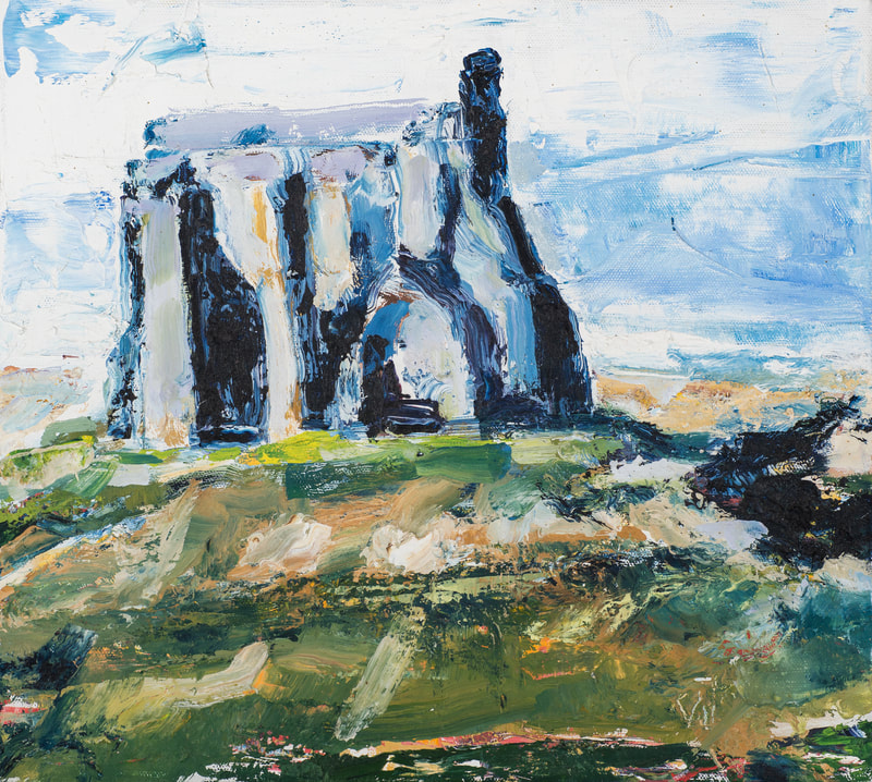 An expressionist painting of the historic Chapel on Chapel Hill Abbotsbury 
as seen from The Dorset Ridge above Abbey Farm, Abbotsbury