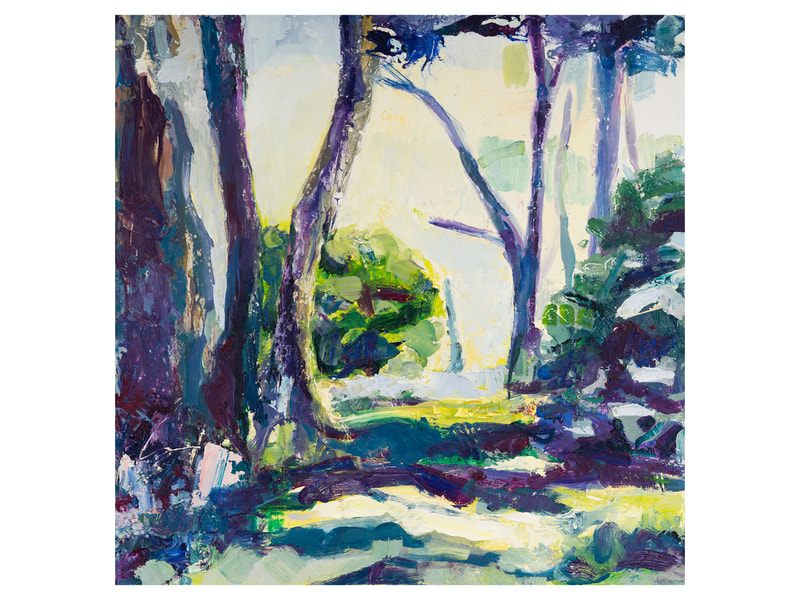 Expressionist landscape painting from ground level perspective through trees to open vista by Clare Hawkes Abbey Farm Abbotsbury