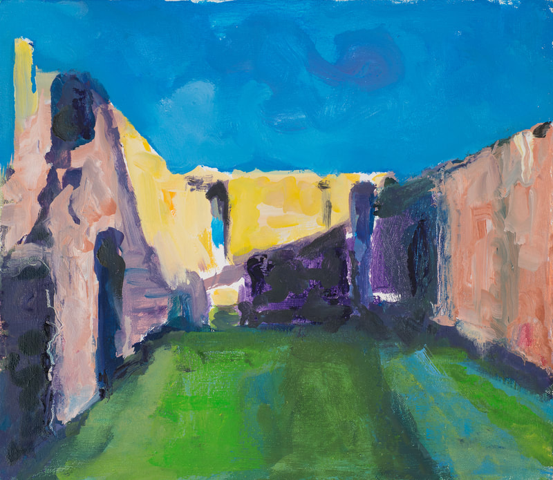Expressionist colourful oil painting of the Abbey ruins at Abbey Farm Abbotsbury