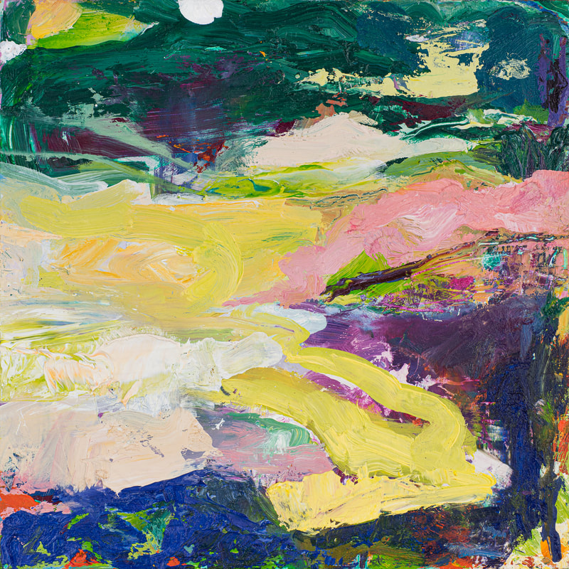 Expressionist gestural oil painting with interacting colours applied in layers over layers to give an abstracted landscape