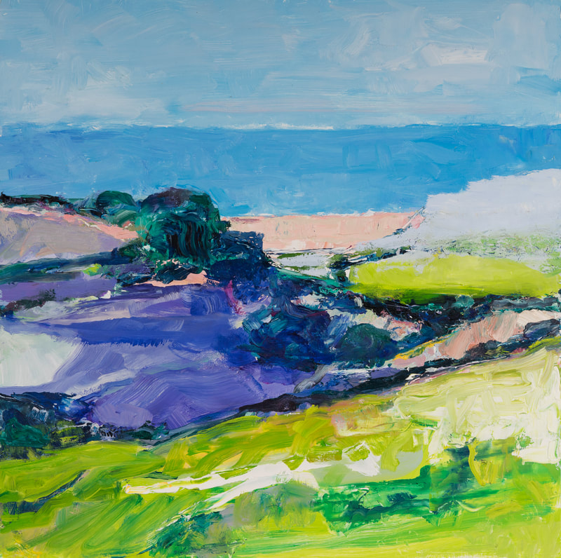 An expressionist painting of the view from the Dorset Ridge through the gap across Abbotsbury to Chesil Beach