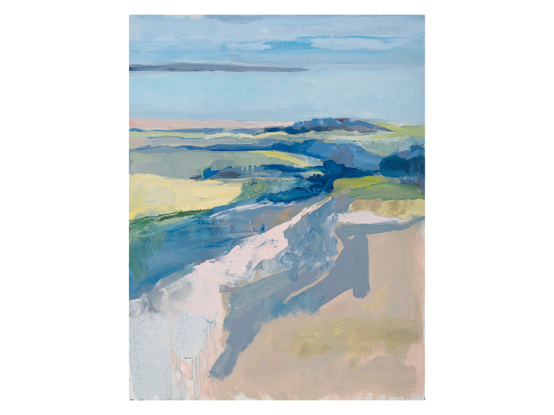 Expressionist oil painting of landscape from above Abbotsbury Swannery to Chesil Beach and Portland